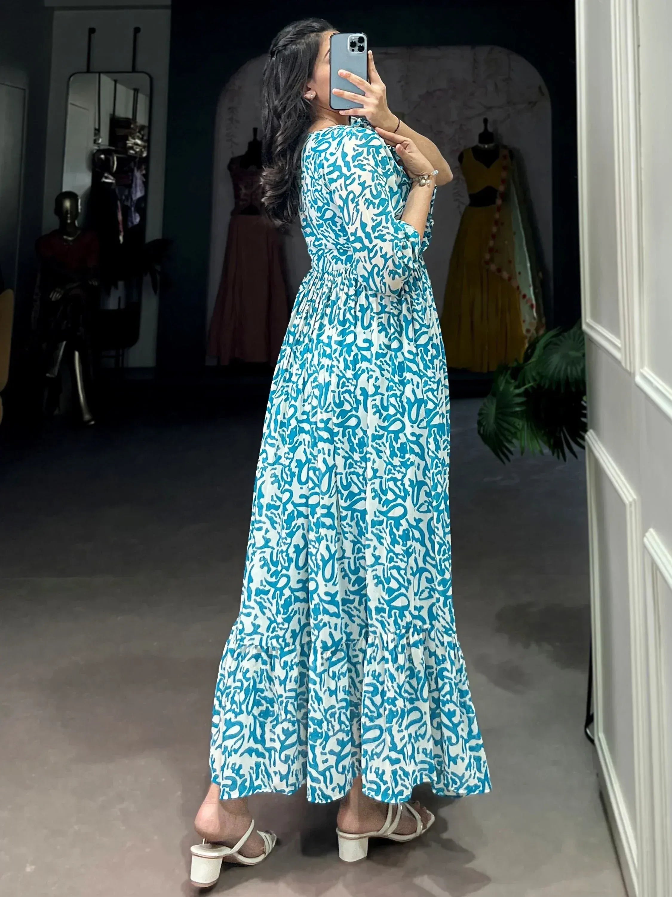 Elegant Blue Digital Print Georgette Casual Wear Dress