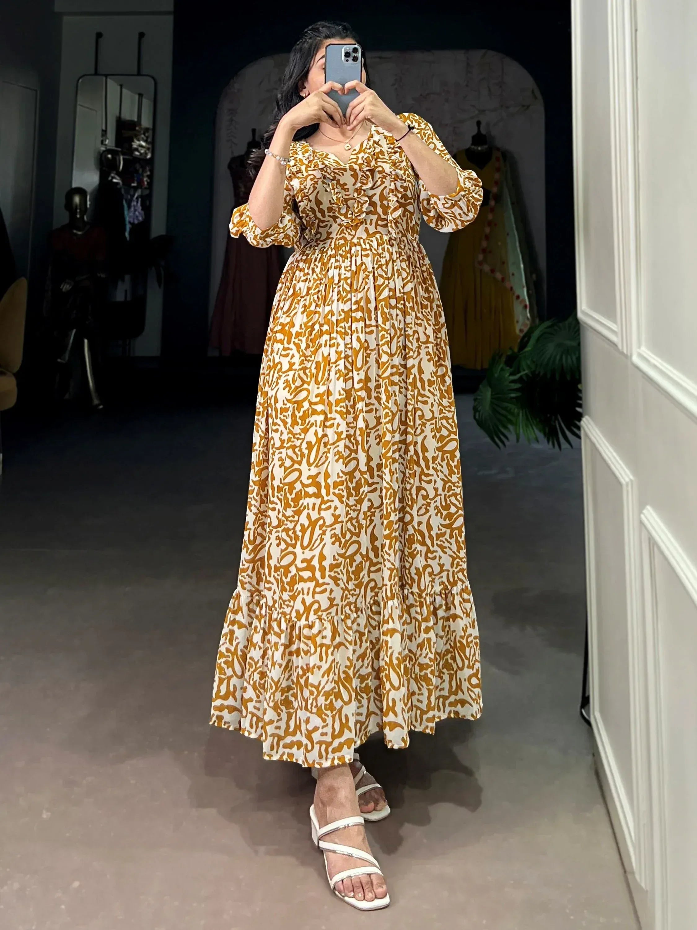 Amazing Mustard Digital Print Georgette Casual Wear Dress
