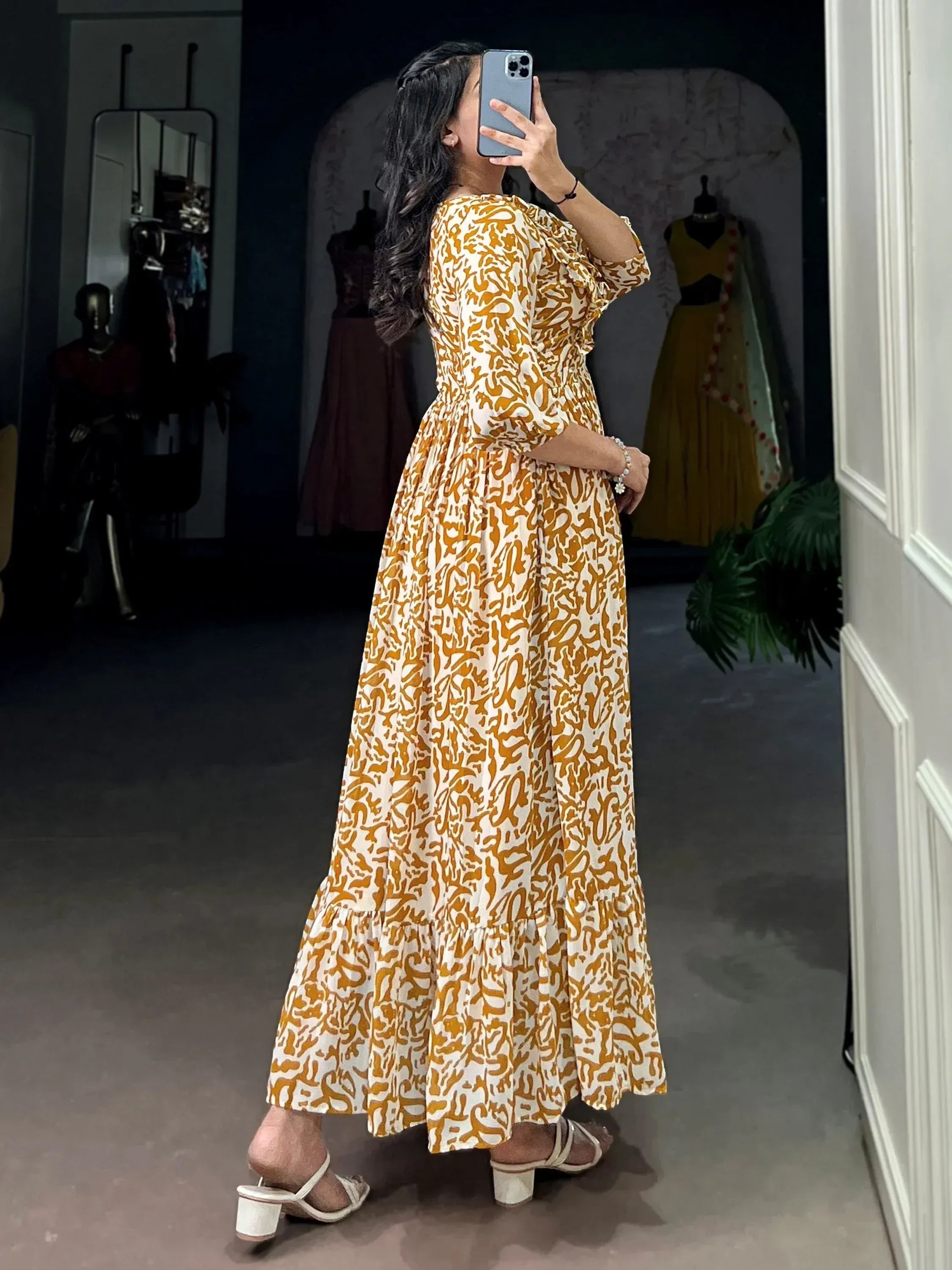 Amazing Mustard Digital Print Georgette Casual Wear Dress