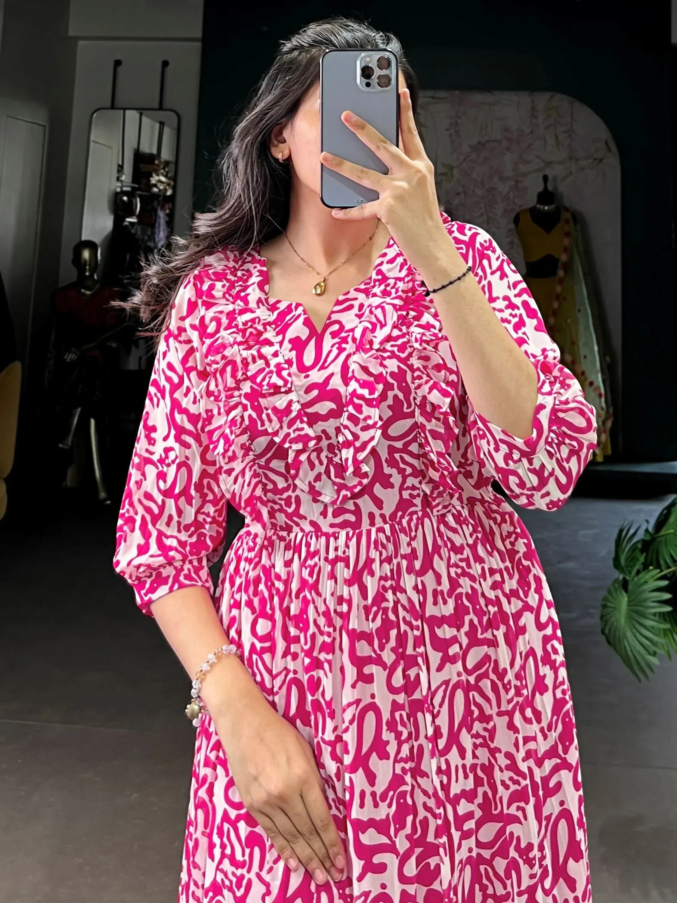 Graceful Pink Digital Printed Georgette Casual Wear Dress