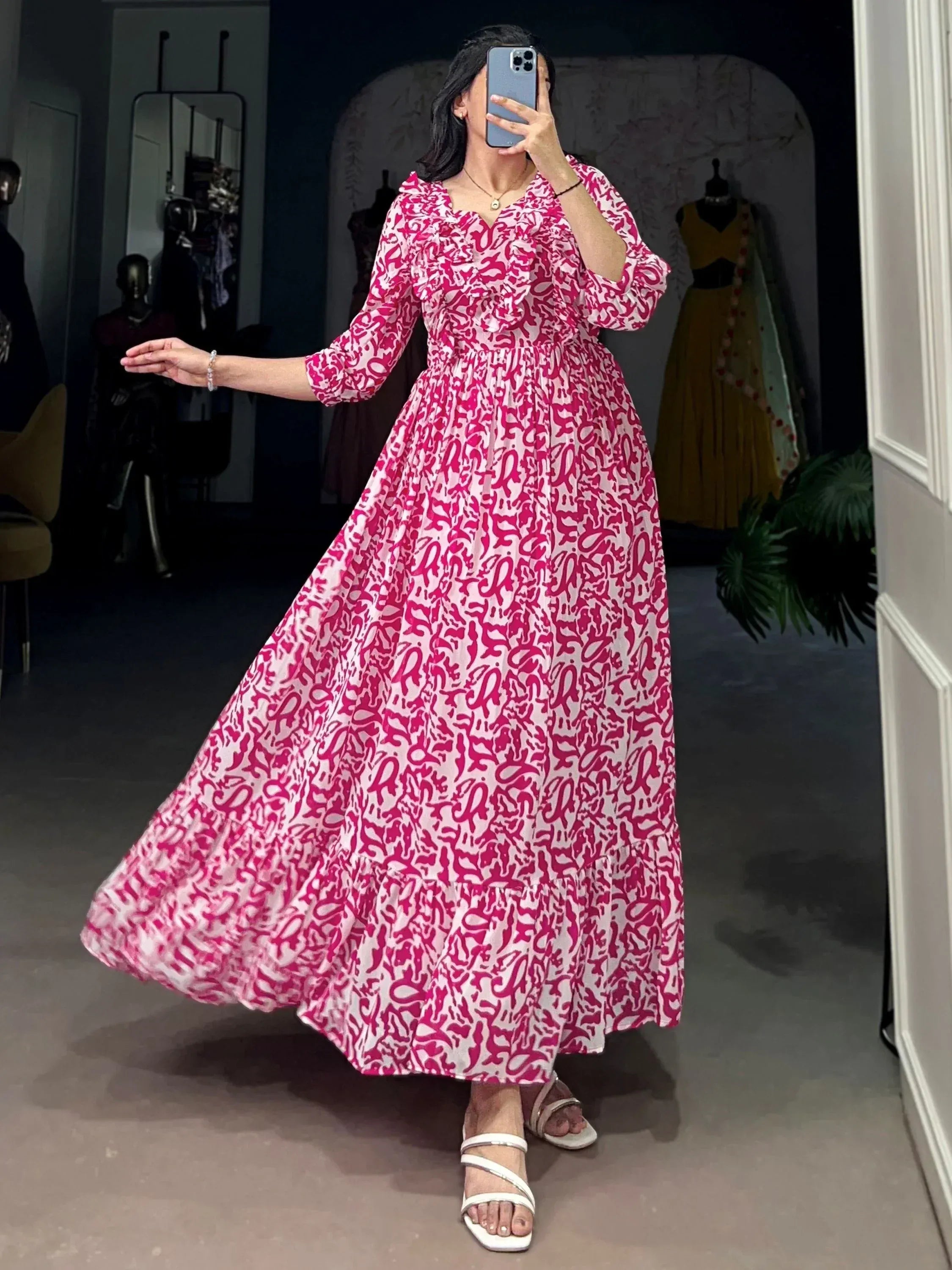 Graceful Pink Digital Printed Georgette Casual Wear Dress