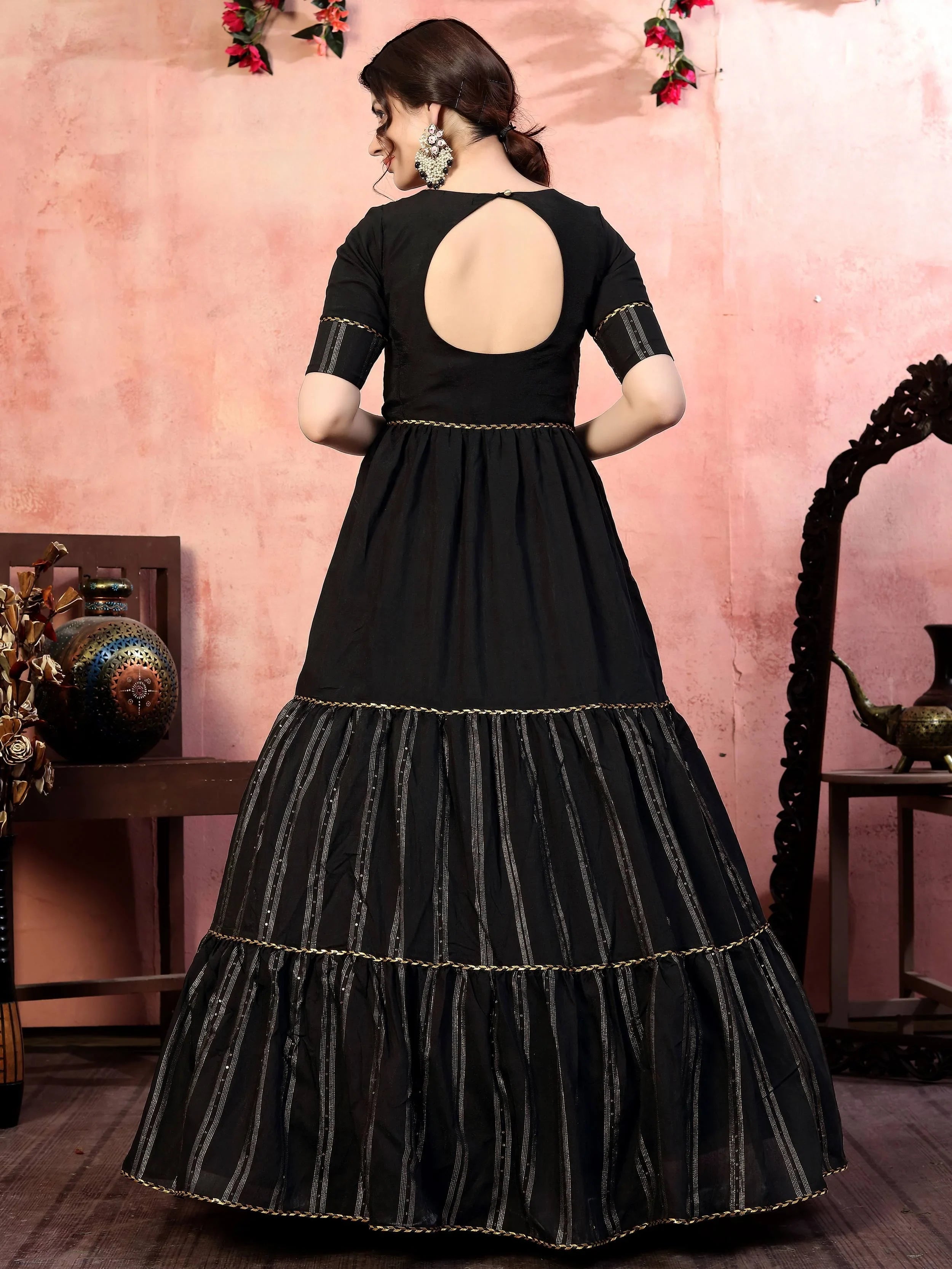 Artistic Black Silk Thread Work Party Wear Layered Gown