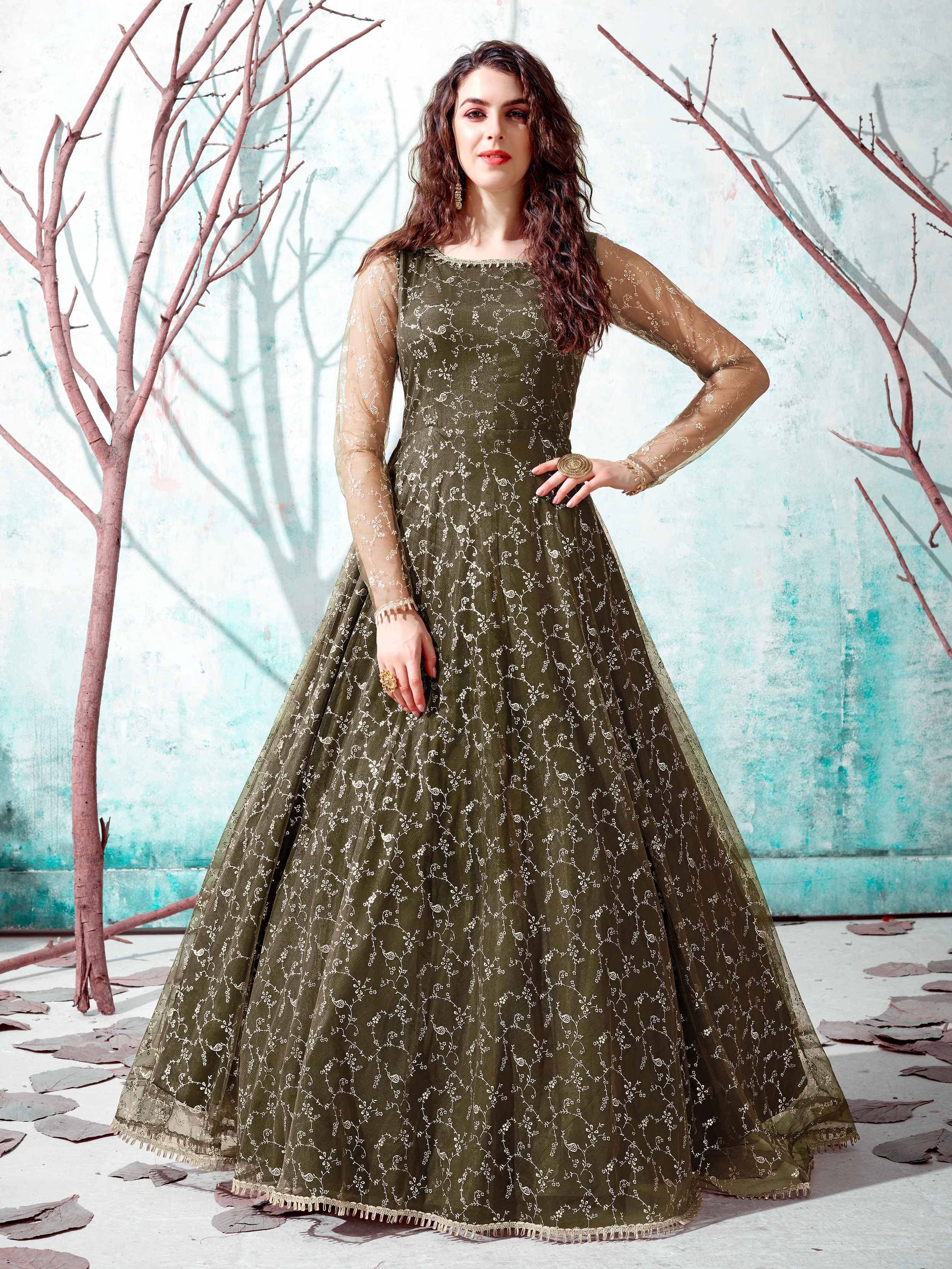 Olive green embroidered ethnic gown with sheer sleeves, perfect for Indian festive occasions.