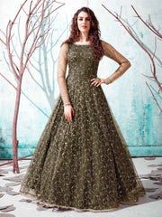 Timeless Olive Green Net Foil Work Wedding Wear Gown