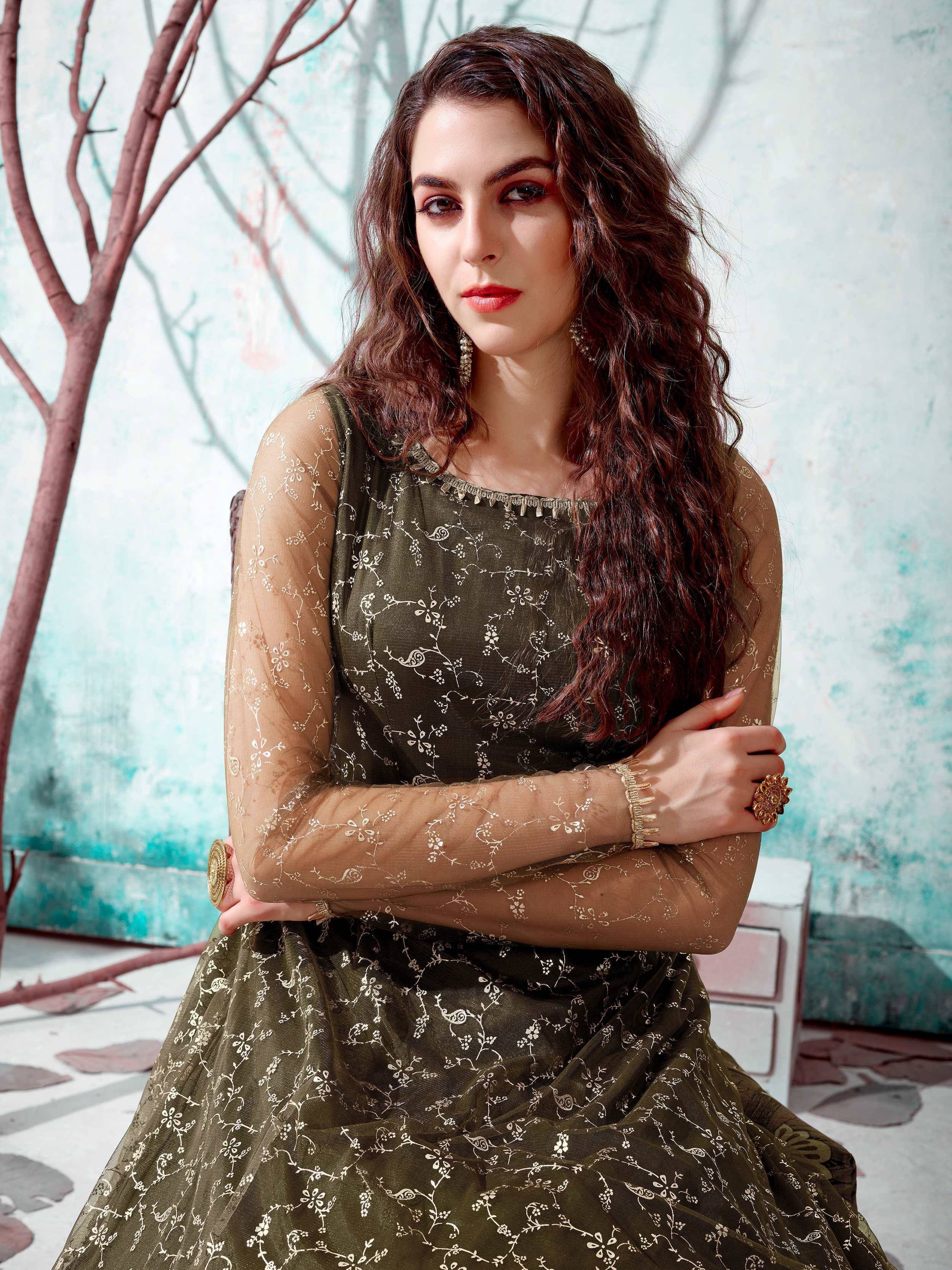 Olive green ethnic gown with gold floral embroidery, sheer sleeves, perfect for Indian occasions