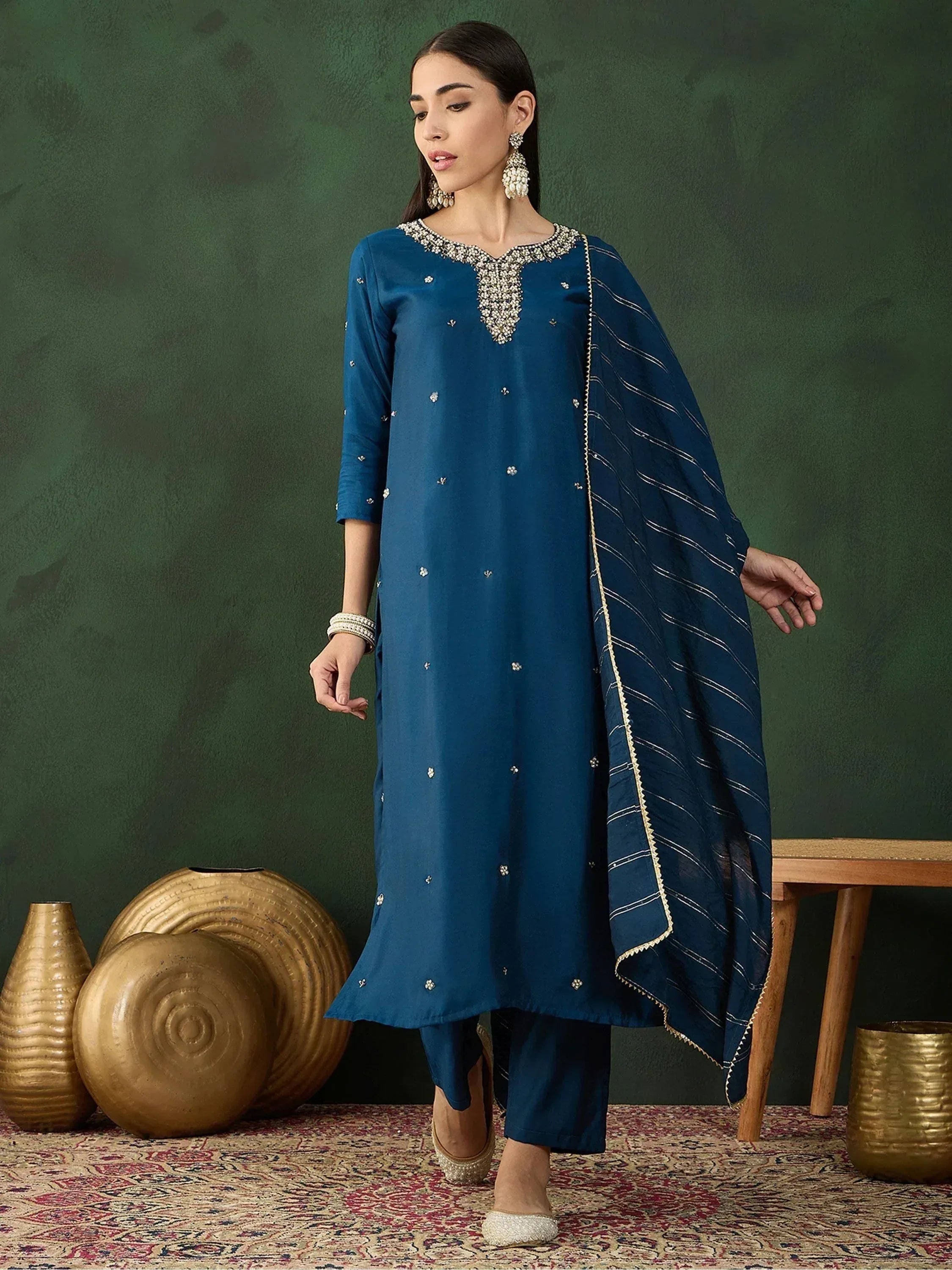 Blue embroidered salwar kameez with matching dupatta, ethnic Indian wear for women