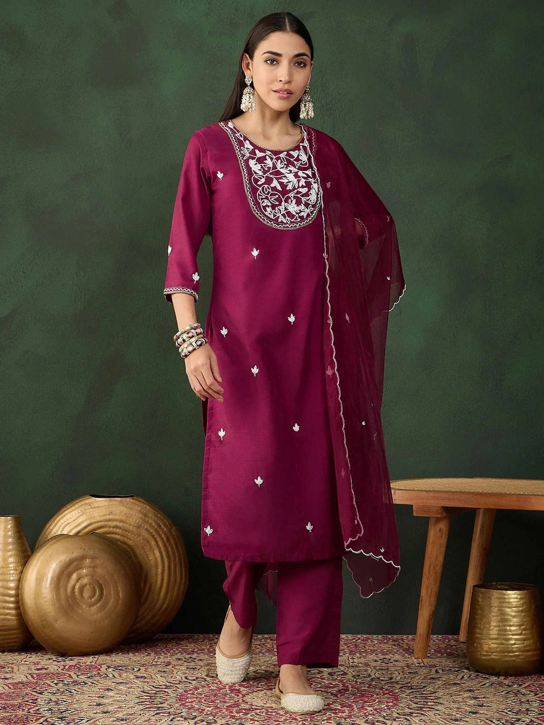 Maroon embroidered kurta set with palazzo pants and dupatta, perfect for Indian ethnic wear occasions.