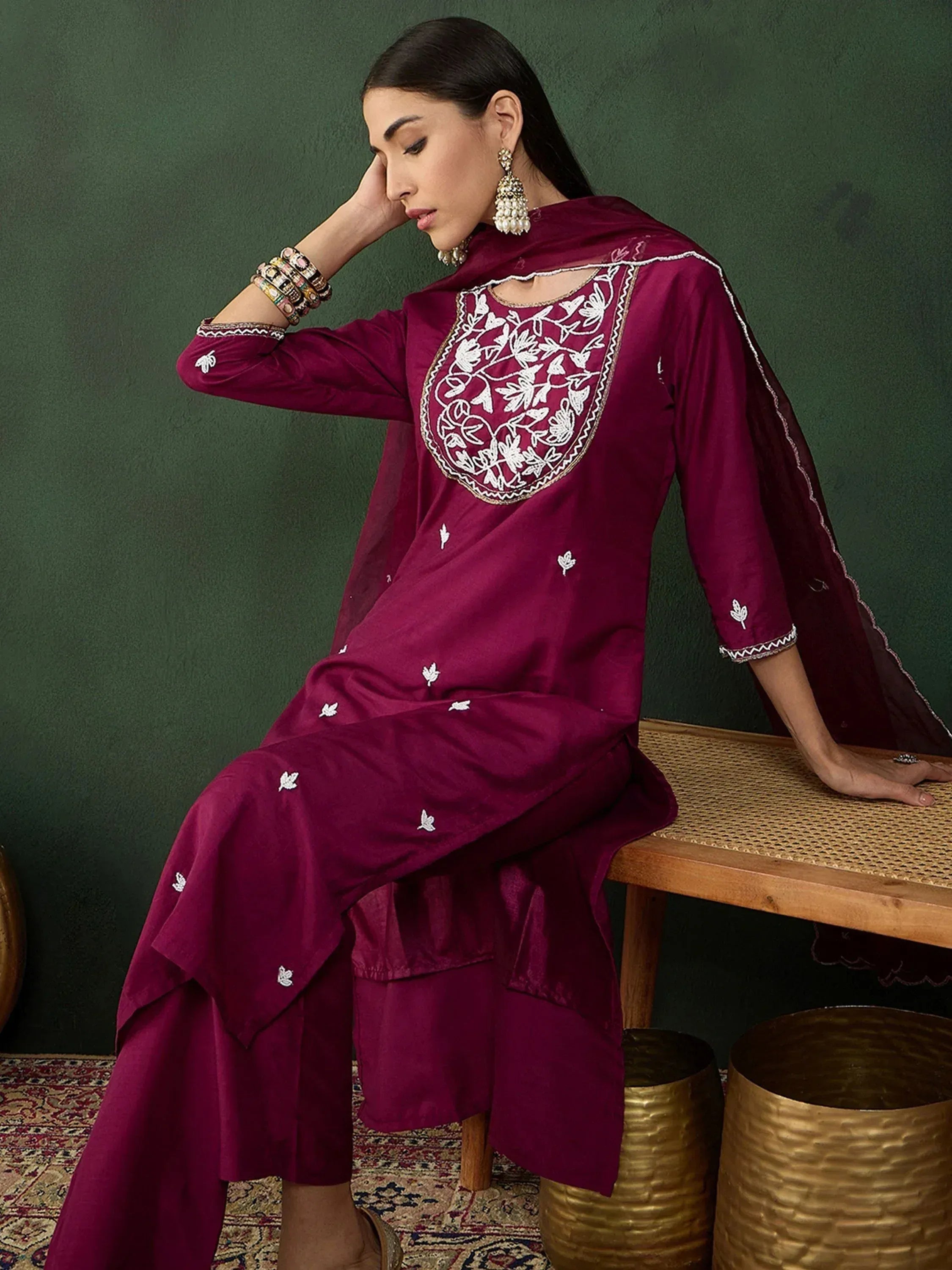 Elegant maroon salwar kameez with white floral embroidery, perfect for Indian ethnic wear occasions.
