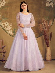 Violet Metallic Foil Work Net Party Wear Gown