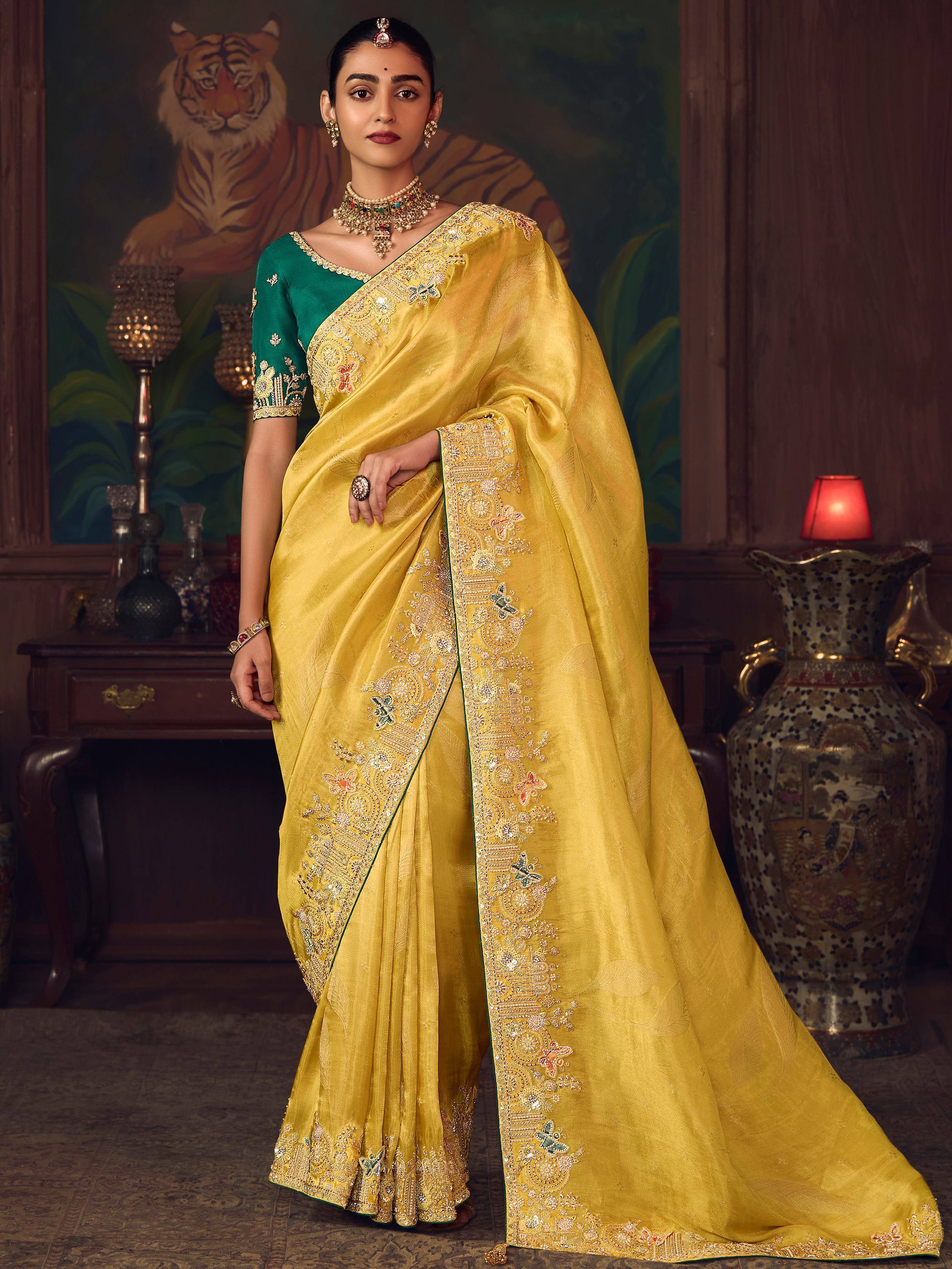 Fantastic Yellow Sequins Embroidered Silk Haldi Wear Saree With Blouse