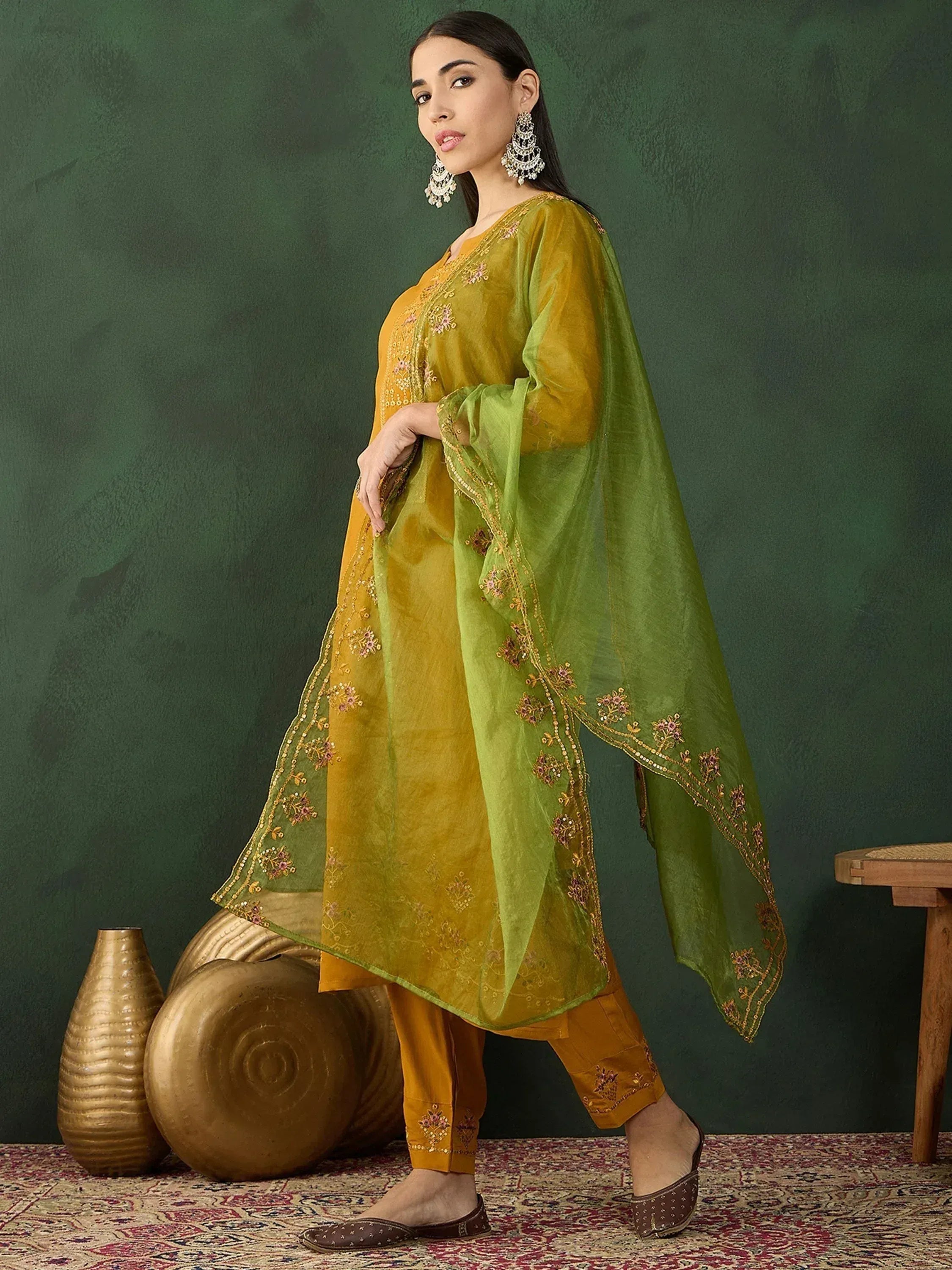 Mustard yellow embroidered salwar kameez with green dupatta, ethnic Indian wear for women