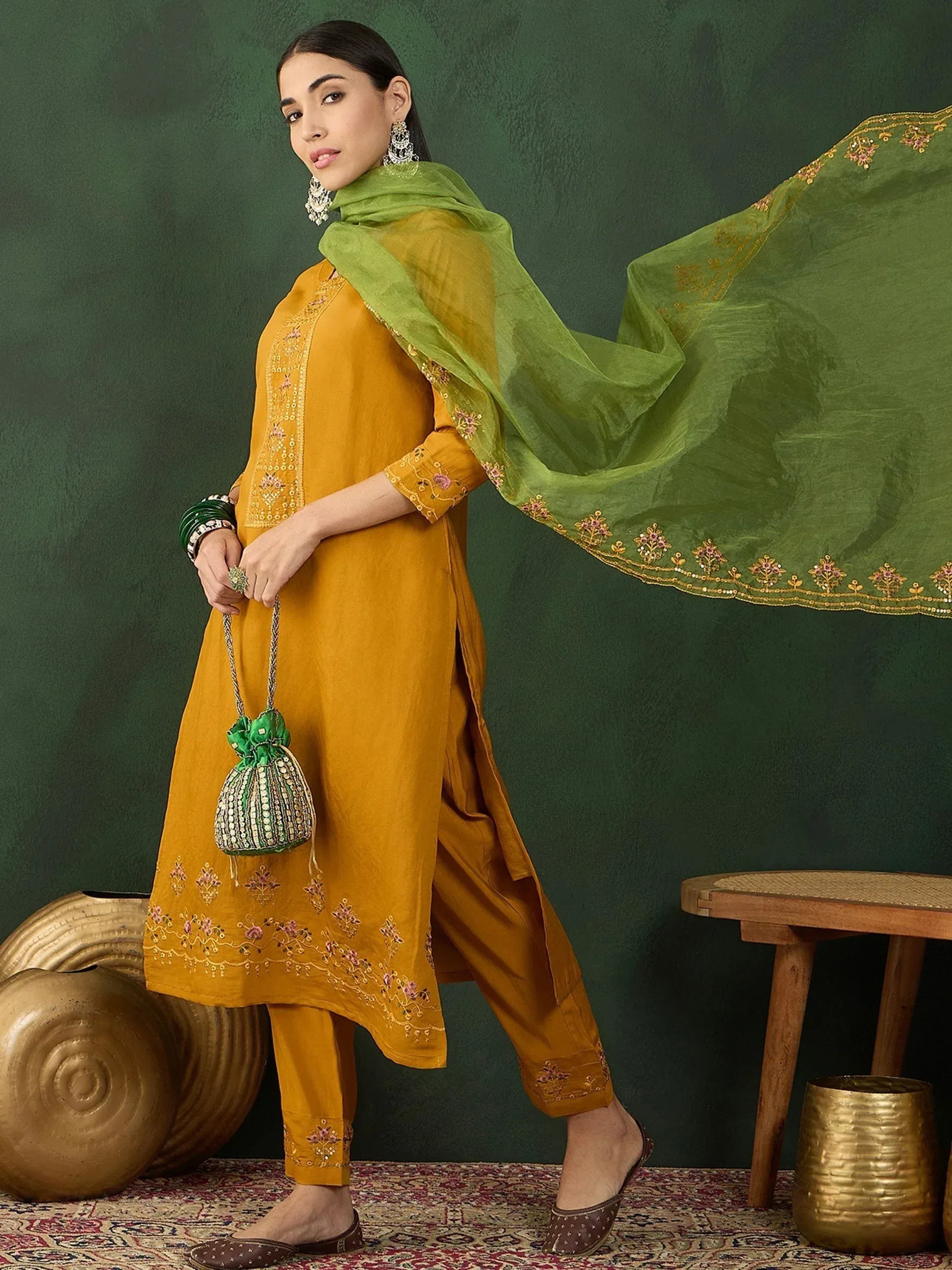 Mustard yellow embroidered salwar kameez with green dupatta, ethnic Indian wear for women