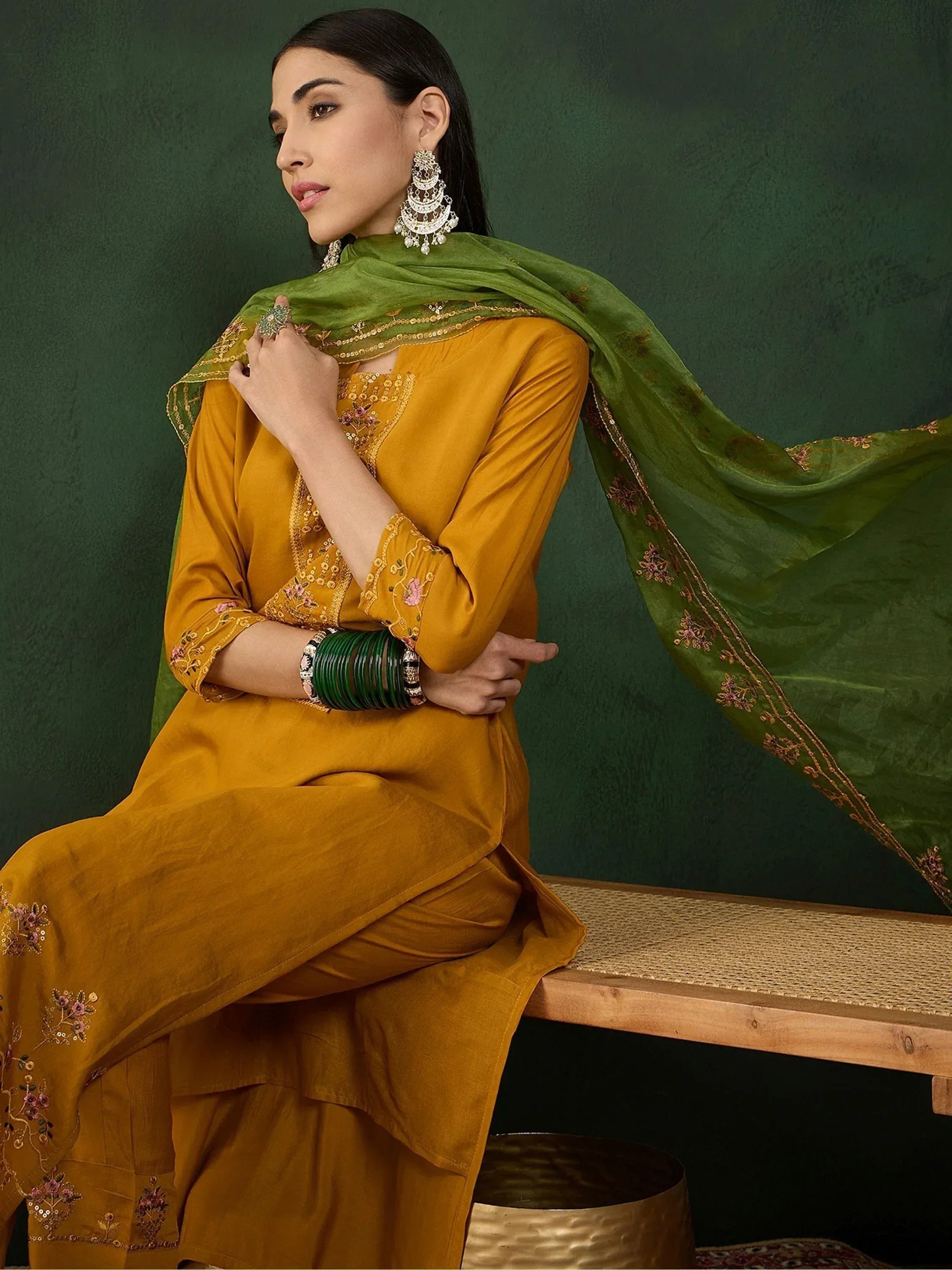 Mustard yellow embroidered salwar kameez with green dupatta, ethnic Indian wear for women