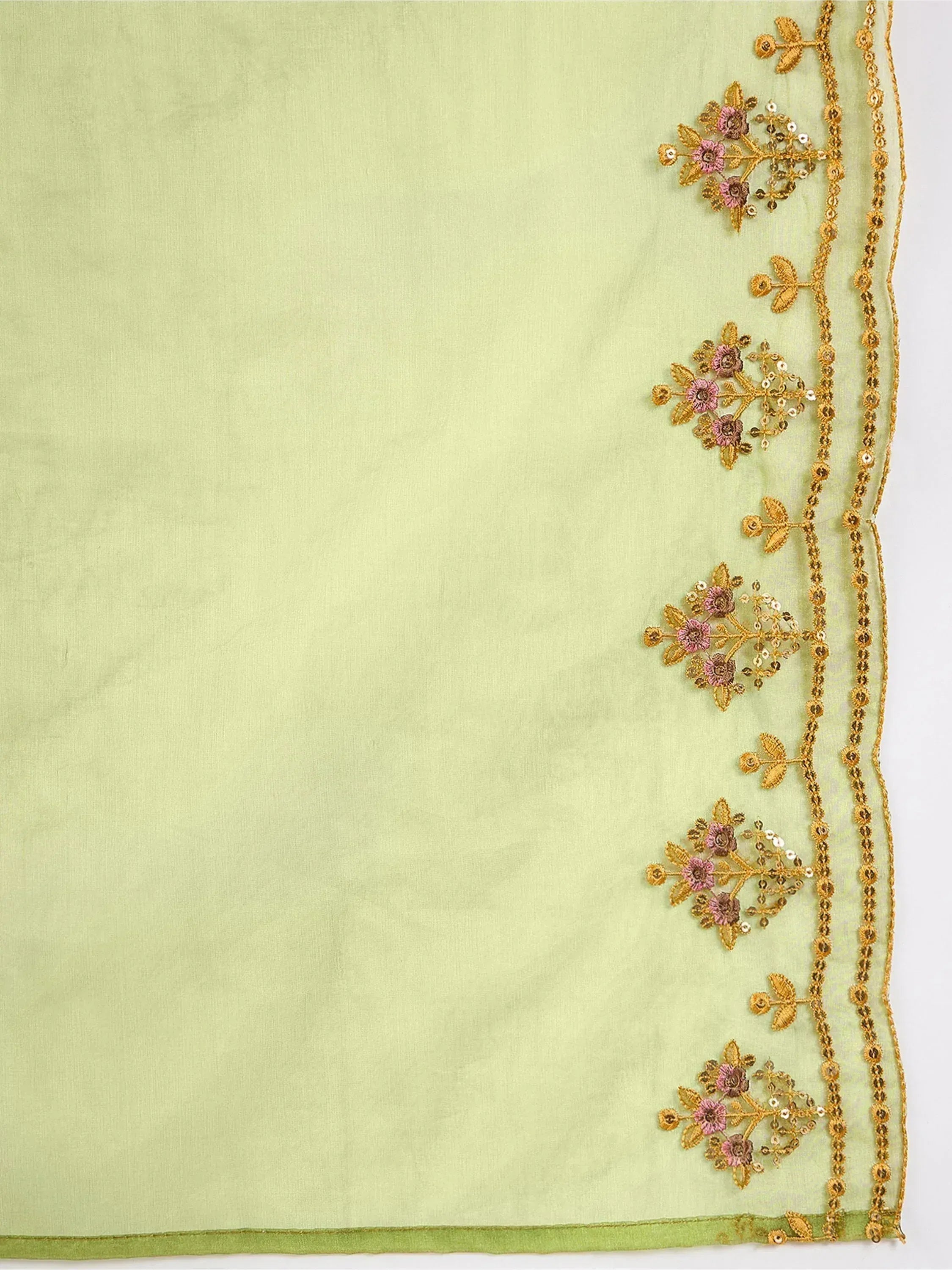 Light green ethnic dupatta with gold floral embroidery and sequin detailing for Indian wear