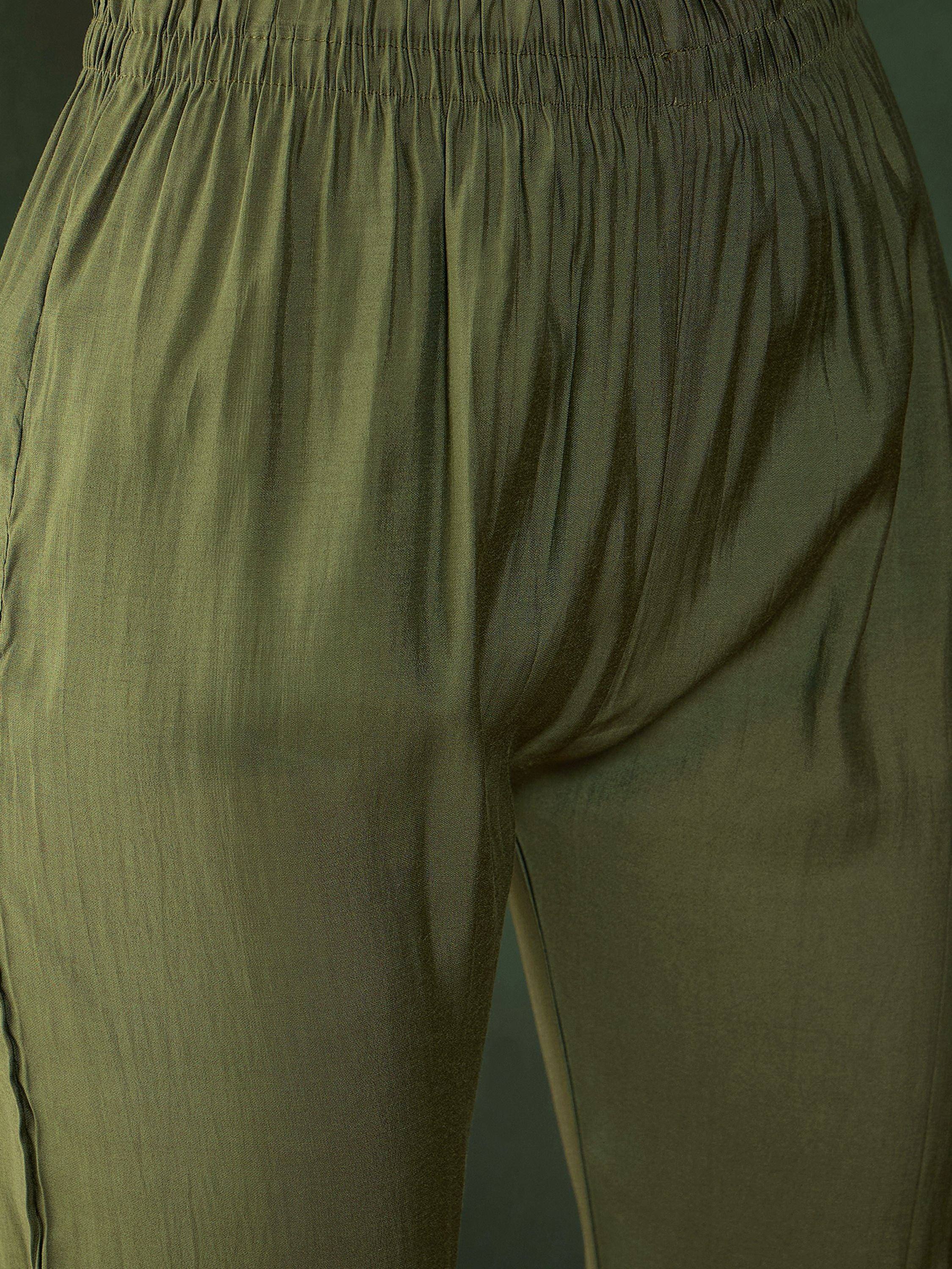 Olive green ethnic palazzo pants with elastic waistband, ideal for salwar kameez or casual wear