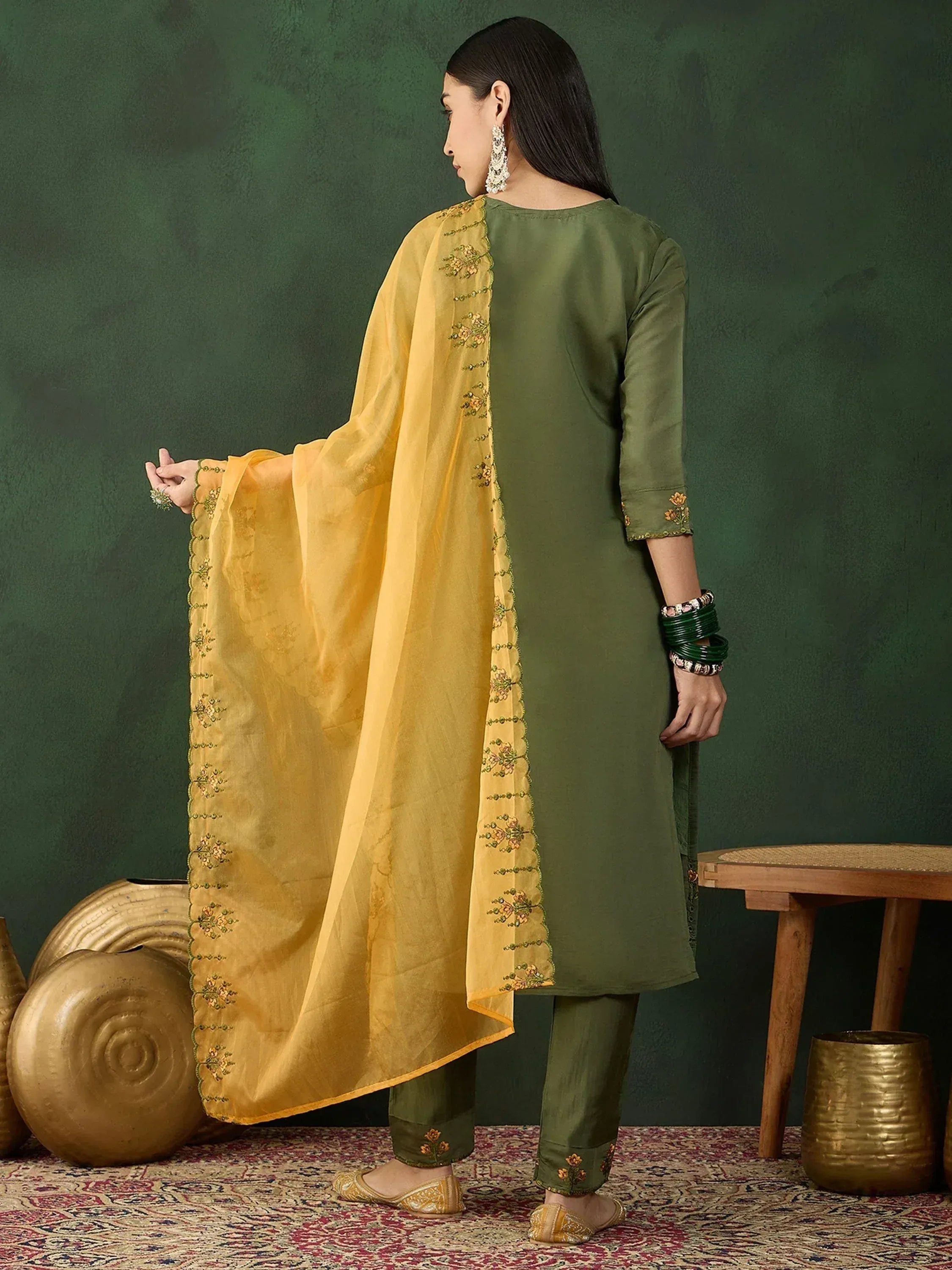 Olive green embroidered salwar kameez with yellow dupatta, ethnic Indian wear for women