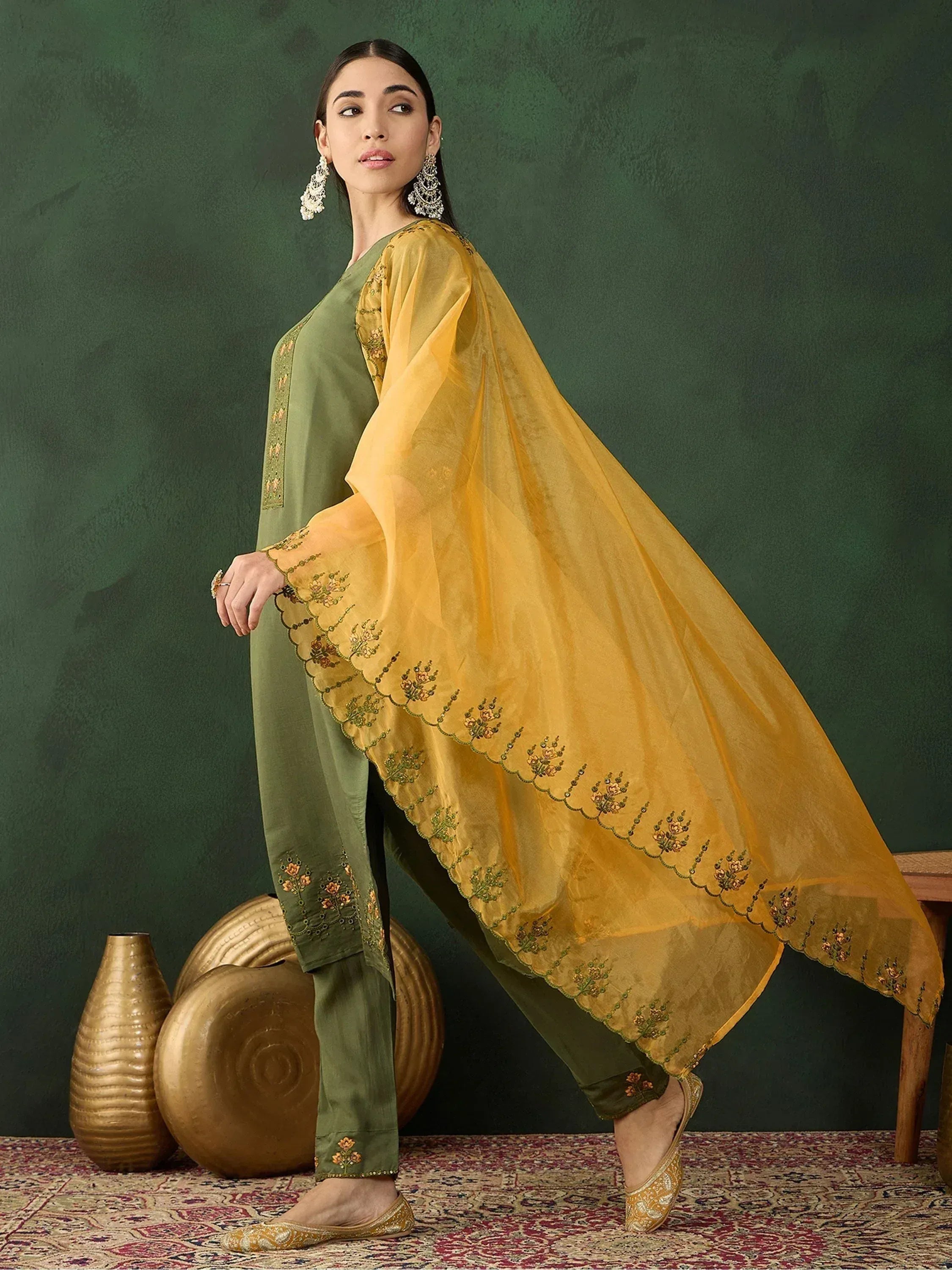 Olive green embroidered salwar kameez with mustard yellow dupatta, ethnic wear for women