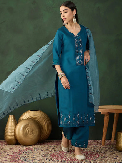 Adorable Teal Blue Embroidered Chinon Occasion Wear Pant Suit