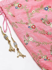 Pink & Green Embroidered Semi-Stitched Myntra Lehenga & Unstitched Blouse with Dupatta