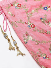 Pink & Green Embroidered Semi-Stitched Myntra Lehenga & Unstitched Blouse with Dupatta