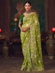 Gorgeous Green Diamond Work Silk Festive Wear Saree With Blouse