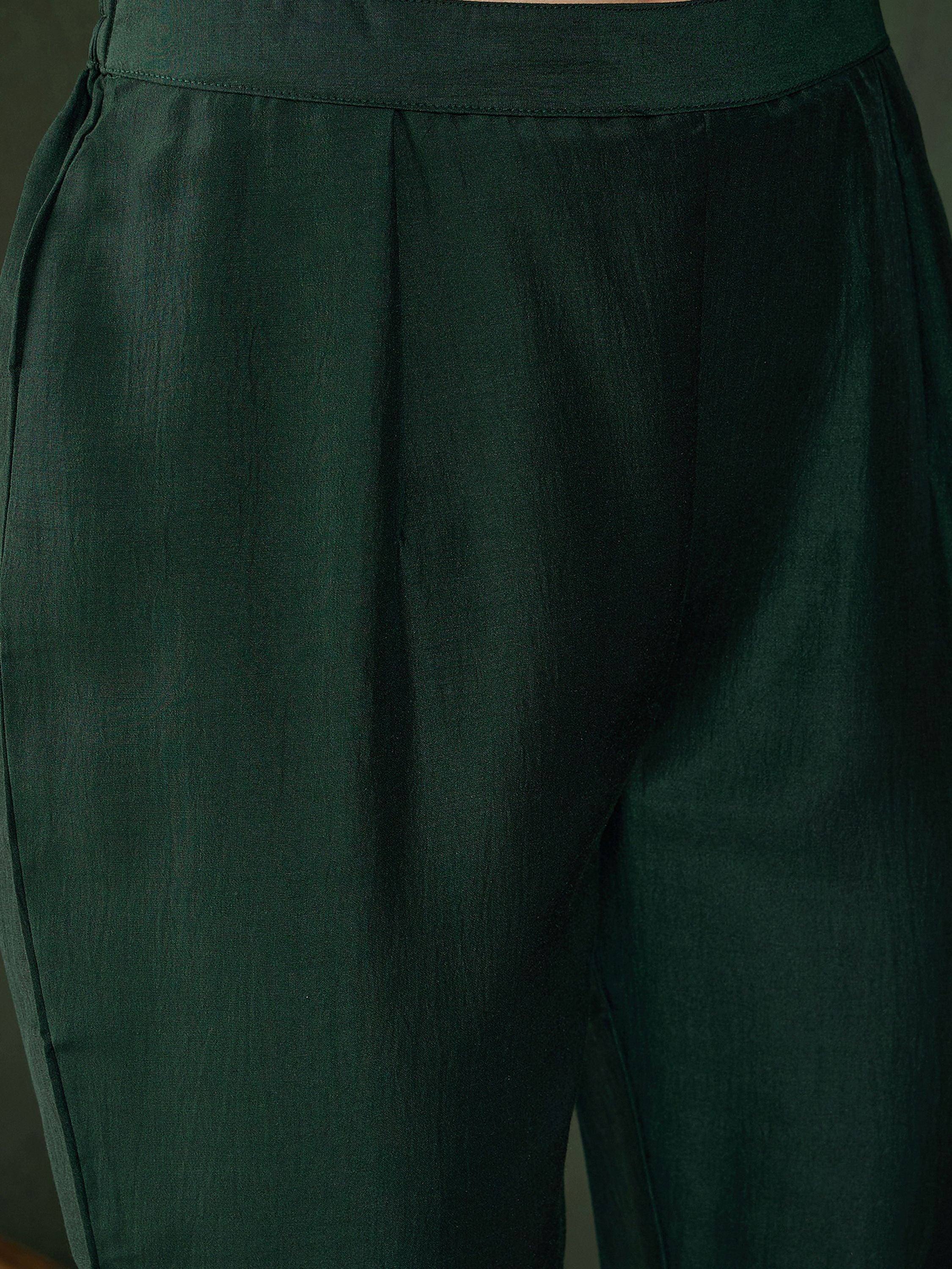 Dark green pleated ethnic palazzo pants with high waist, ideal for salwar kameez or fusion wear