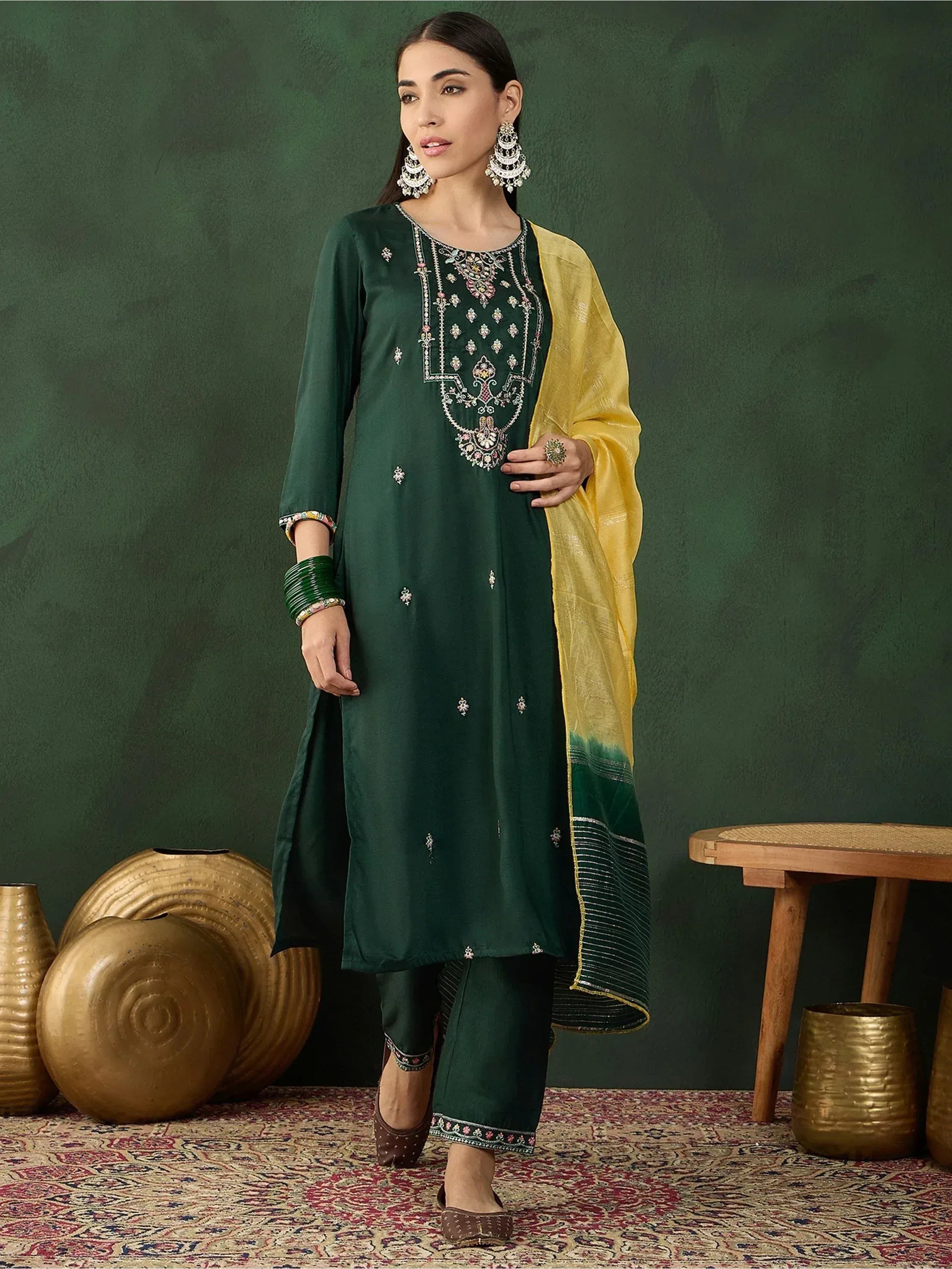 Emerald green embroidered salwar kameez with yellow dupatta, ethnic Indian wear for women