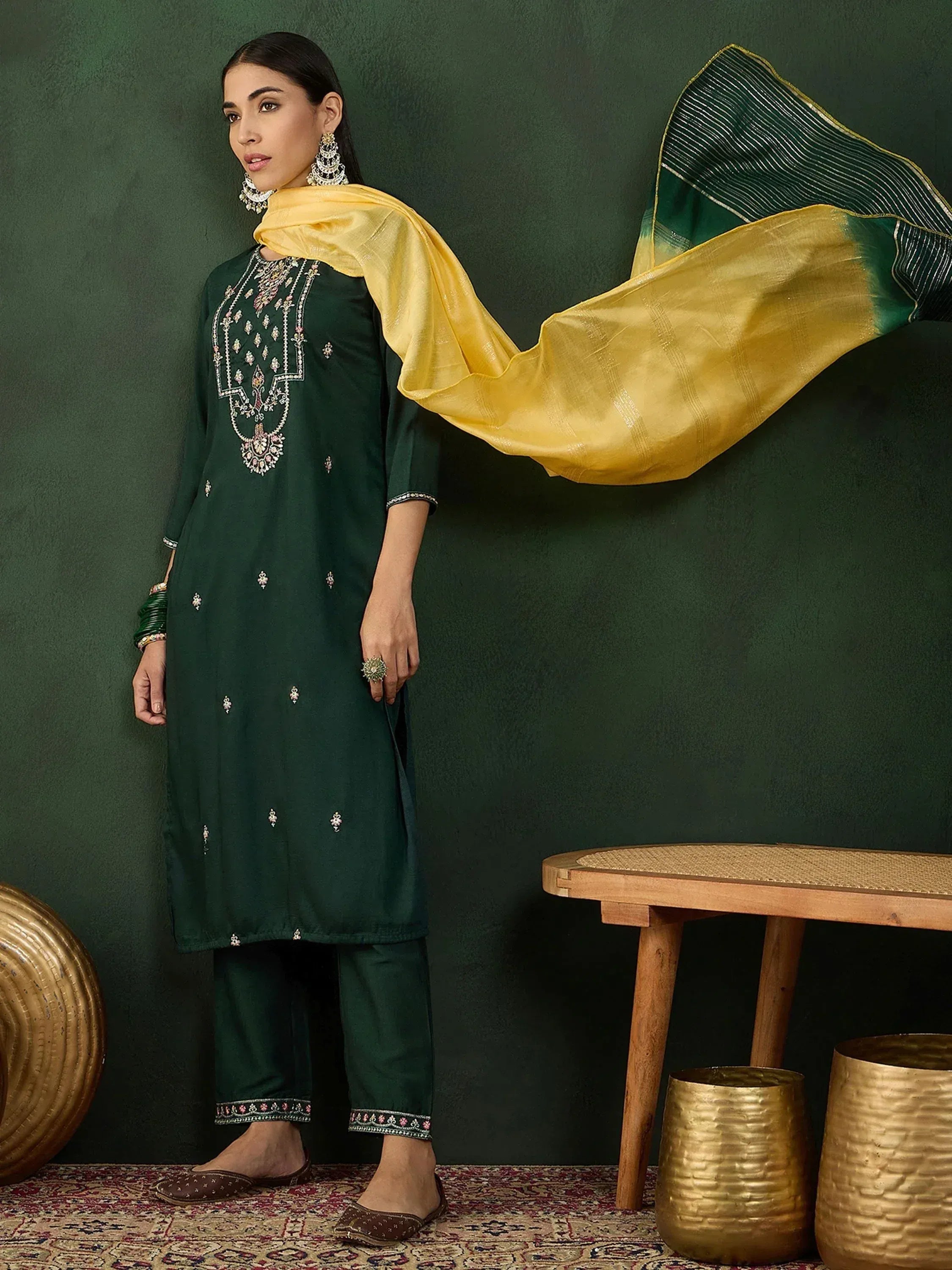 Emerald green embroidered salwar kameez with yellow dupatta, ethnic Indian wear for women