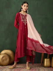 Charming Maroon Embroidered Chinon Occasion Wear Pant Suit