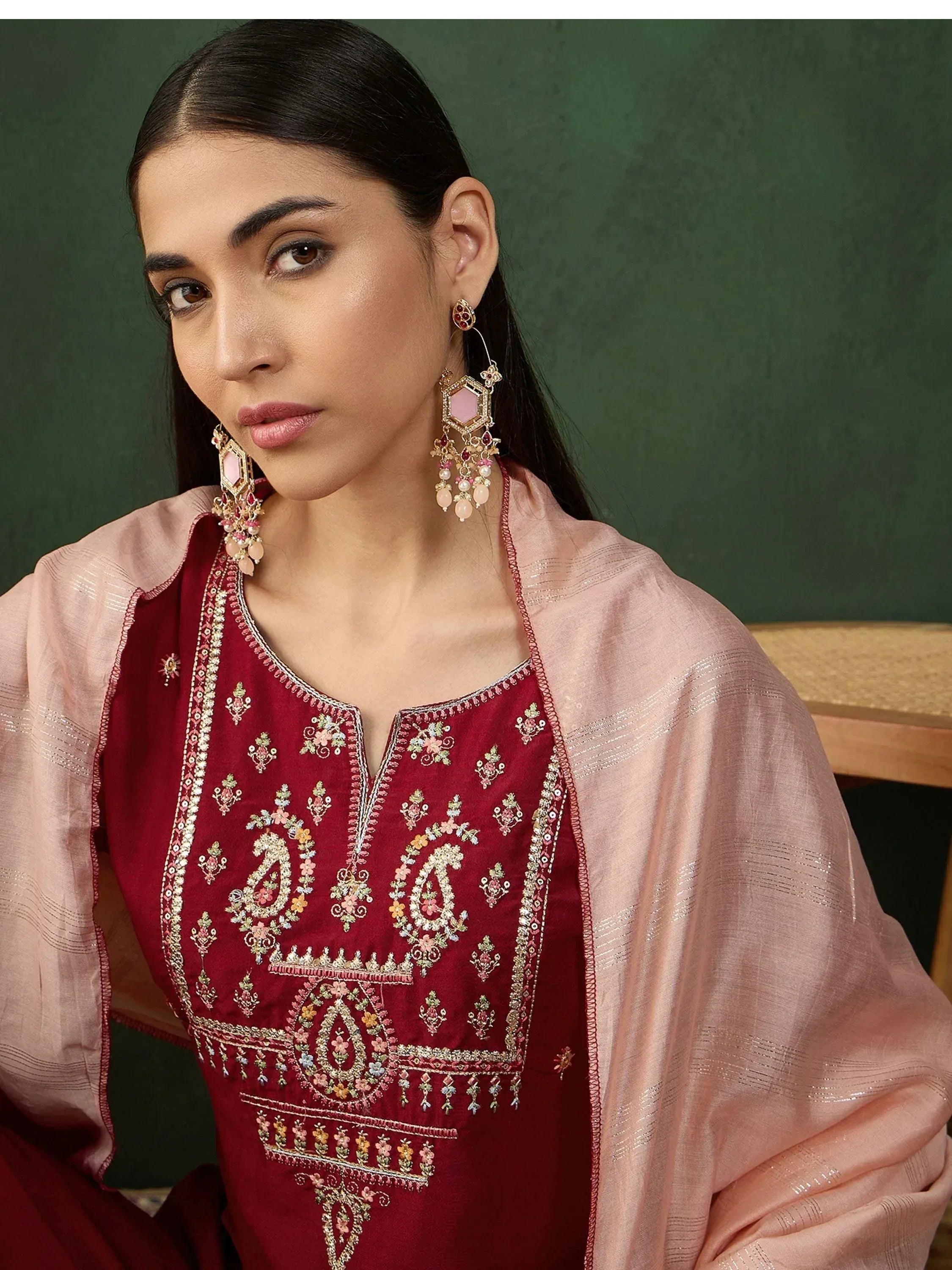 Maroon embroidered salwar kameez with pink dupatta and statement earrings, Indian ethnic wear