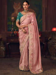 Glamorous Pink Diamond Work Silk Wedding Wear Saree With Blouse