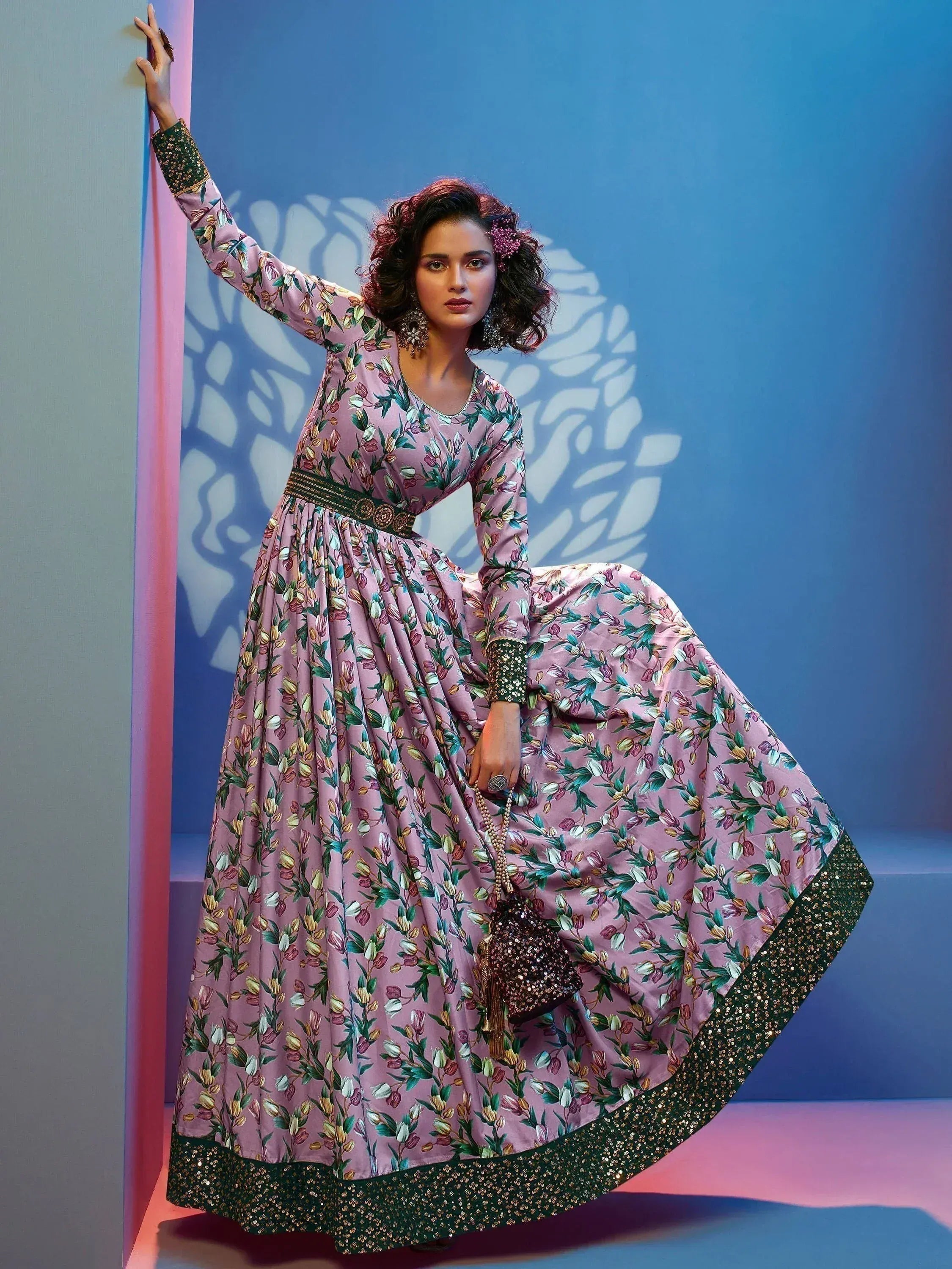 Pink floral ethnic gown with green sequin border, perfect for Indian occasions and festive wear