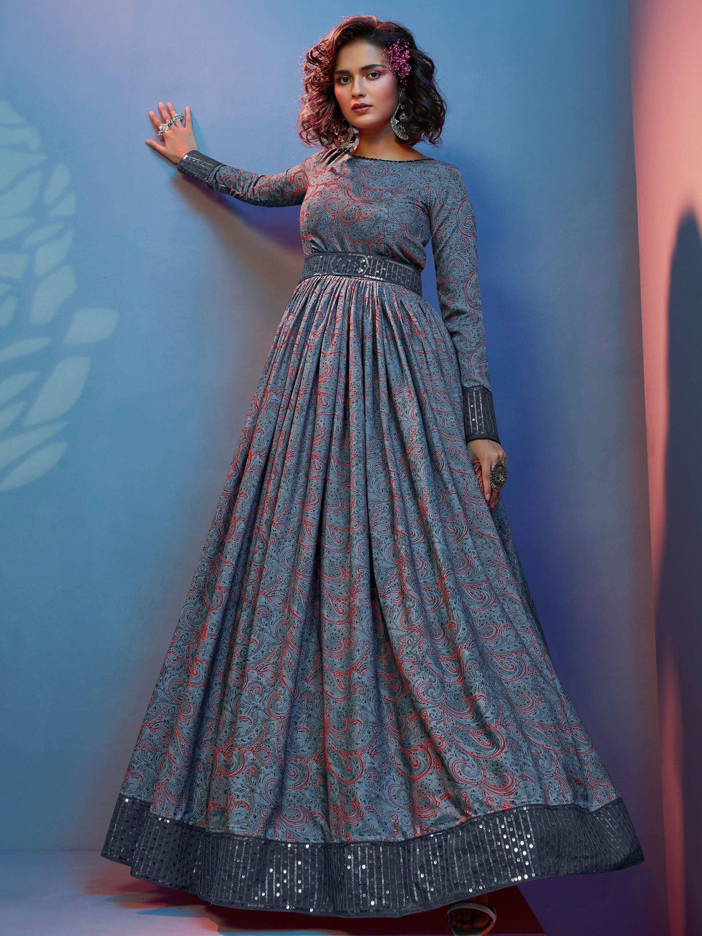 Grey and red paisley print ethnic gown with sequin detailing, perfect for Indian festive occasions.