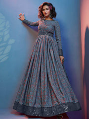 Splendid Grey Digital Printed Crepe Festival Wear Gown