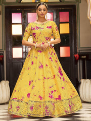 Elegant Yellow Shibori Printed Cotton Long Anarkali Gown