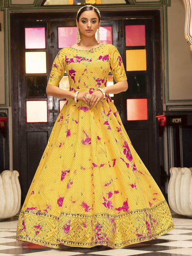 Elegant Yellow Shibori Printed Cotton Long Anarkali Gown