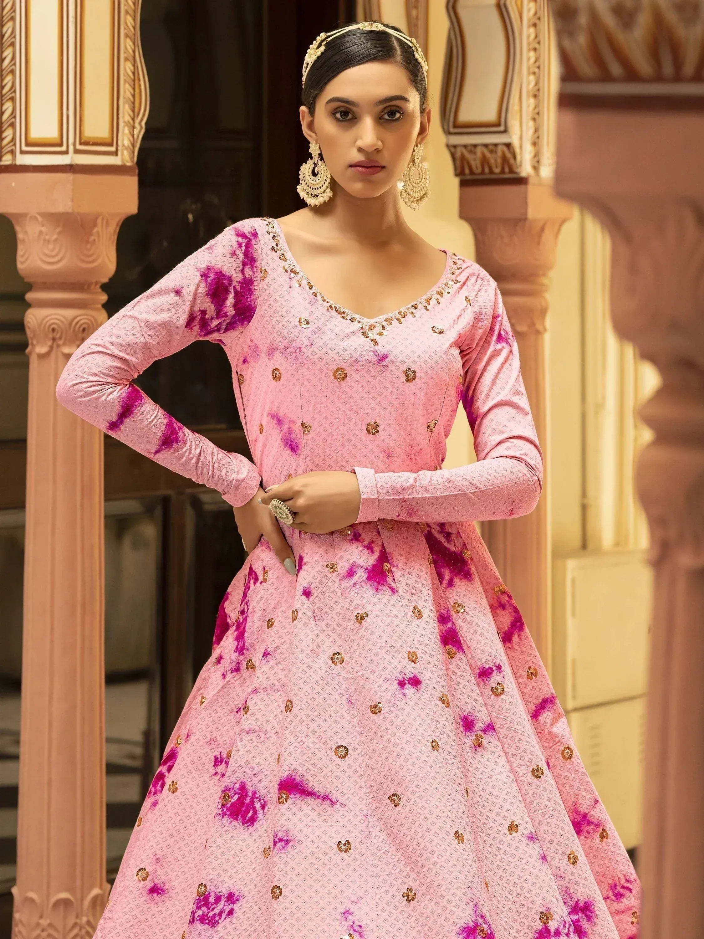 Pink tie-dye anarkali with gold embroidery, ethnic Indian wear for women