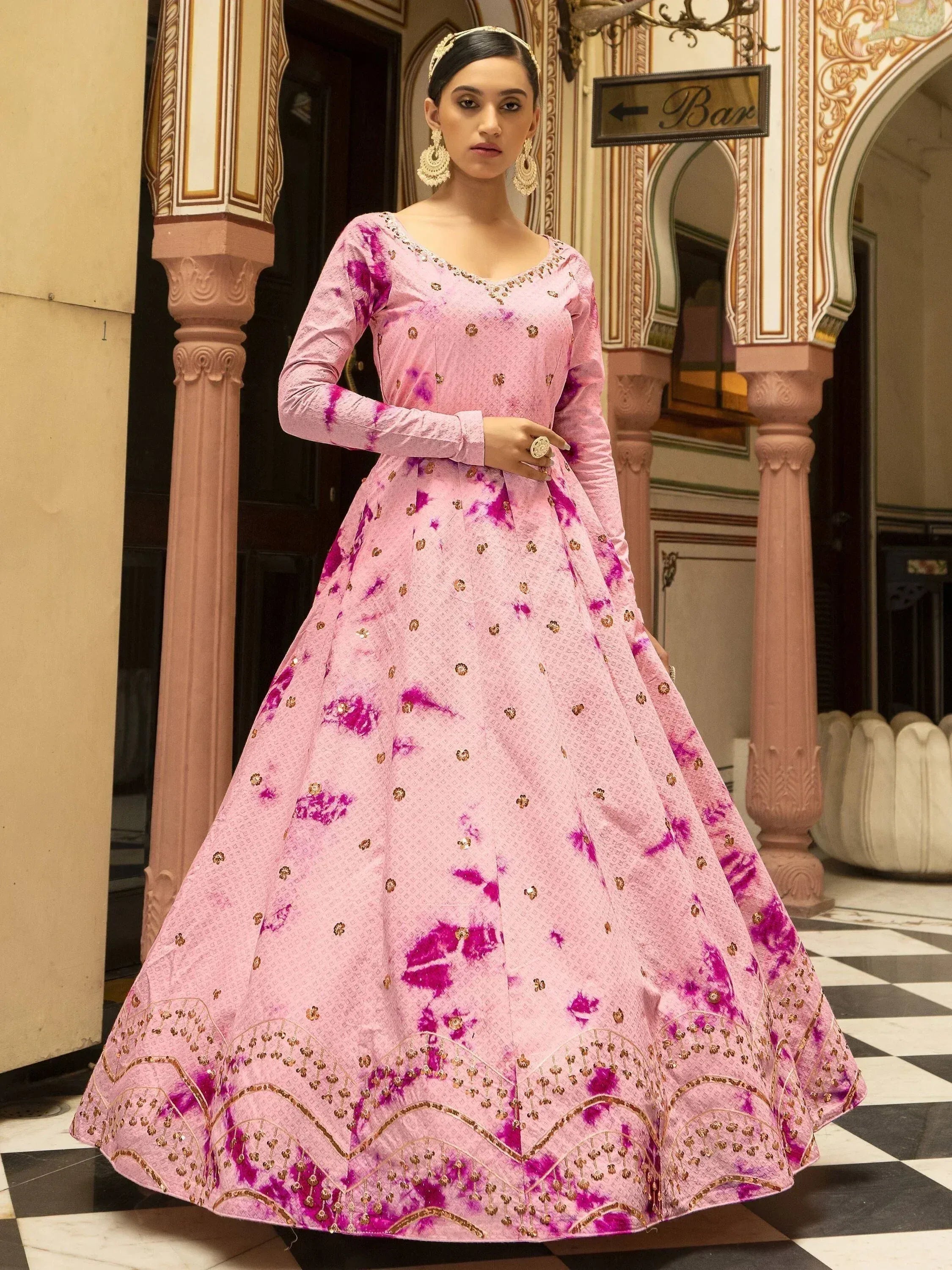 Pink tie-dye anarkali gown with gold embroidery, Indian ethnic wear for women