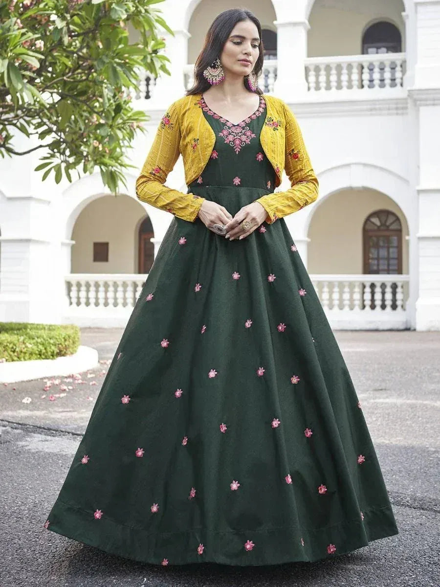 Green embroidered anarkali with yellow jacket, floral detailing, perfect for Indian ethnic occasions