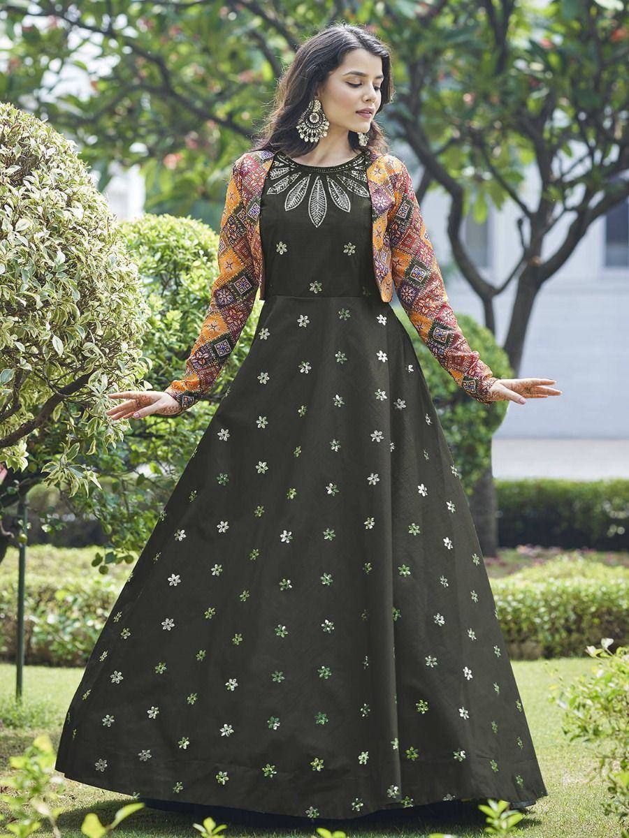 Black floral embroidered anarkali gown with printed jacket, perfect for Indian ethnic occasions