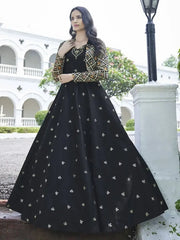 Attractive Black Cotton Embroidered Party Wear Anarkali Gown With Muti-Color Koti