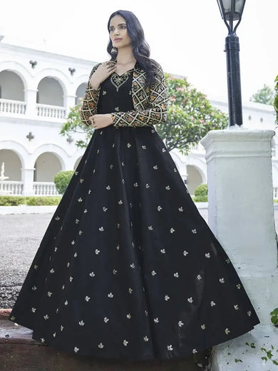 Attractive Black Cotton Embroidered Party Wear Anarkali Gown With Muti-Color Koti