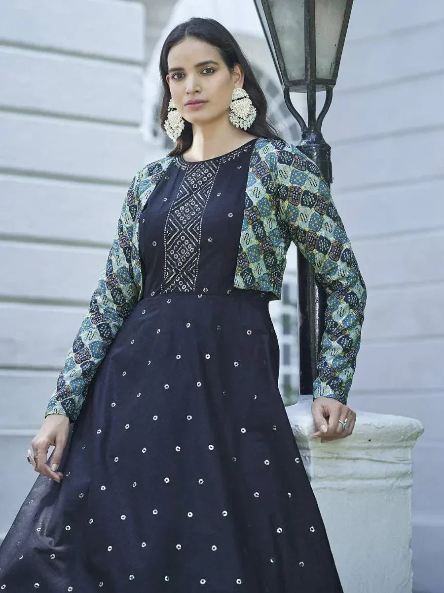 Black embroidered ethnic gown with printed jacket, perfect for Indian festive wear and designer occasions.