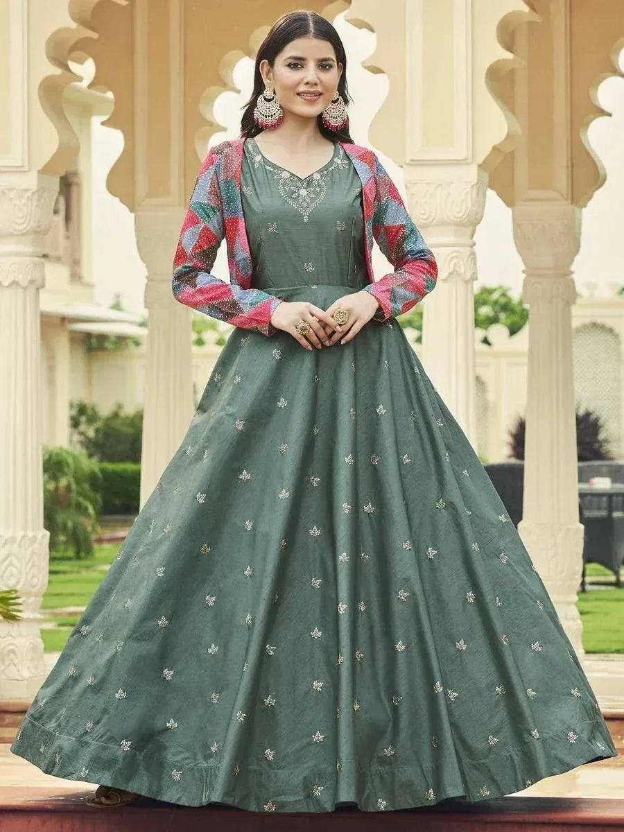 Green embroidered anarkali gown with colorful patchwork jacket, Indian ethnic wear for women