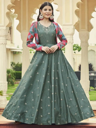 Ravishing Dasty Green Sequins Work Cotton Gown With Jacket