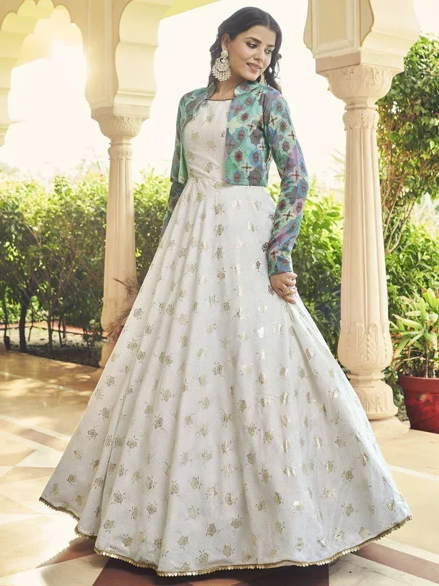 White floral embroidered lehenga with colorful printed jacket, perfect for Indian ethnic occasions