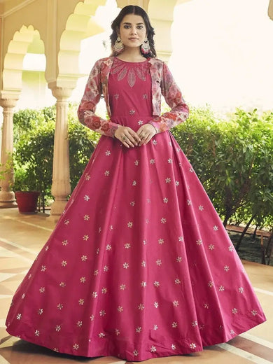 Superb Ruby pink Sequins Work Cotton Gown With Jacket
