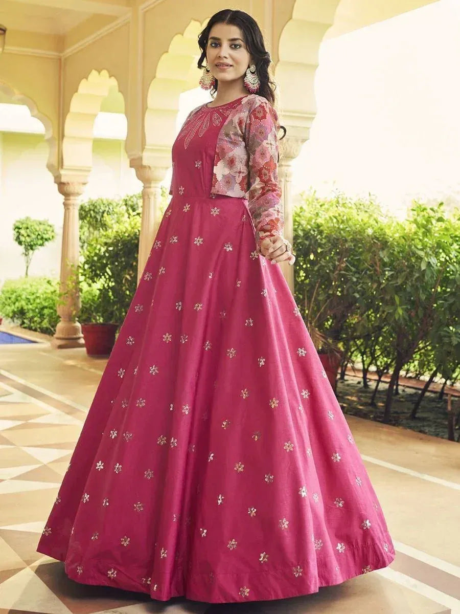 Pink floral embroidered ethnic gown with printed sleeves, perfect for Indian occasions and weddings