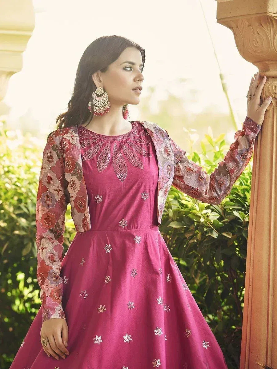 Pink embroidered ethnic gown with floral jacket, perfect for Indian occasions and festive wear