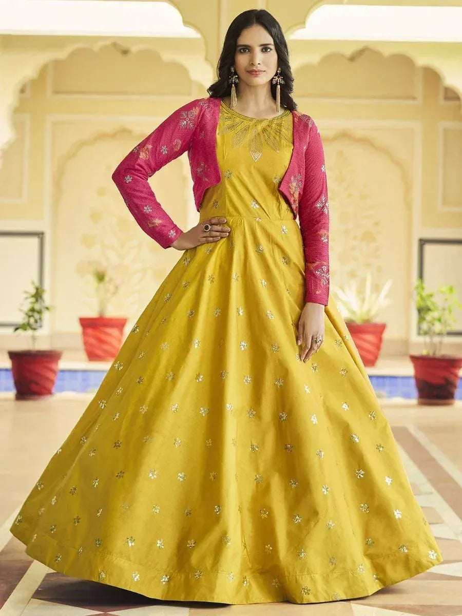 Yellow embroidered anarkali with pink jacket, Indian ethnic wear for women